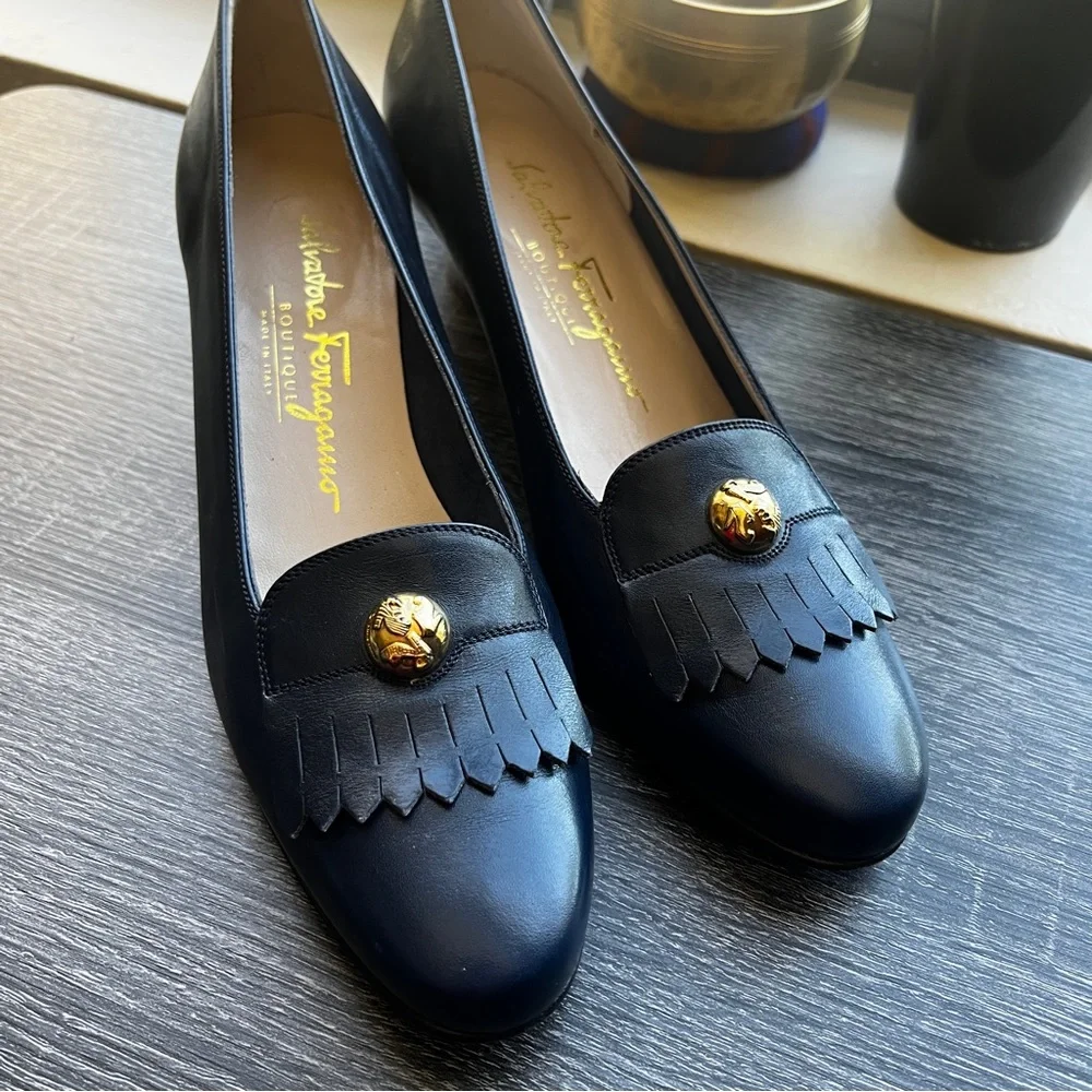 Salvatore Ferragamo Navy Button Detail Logo Fringe Penny Loafers 6.5 2A